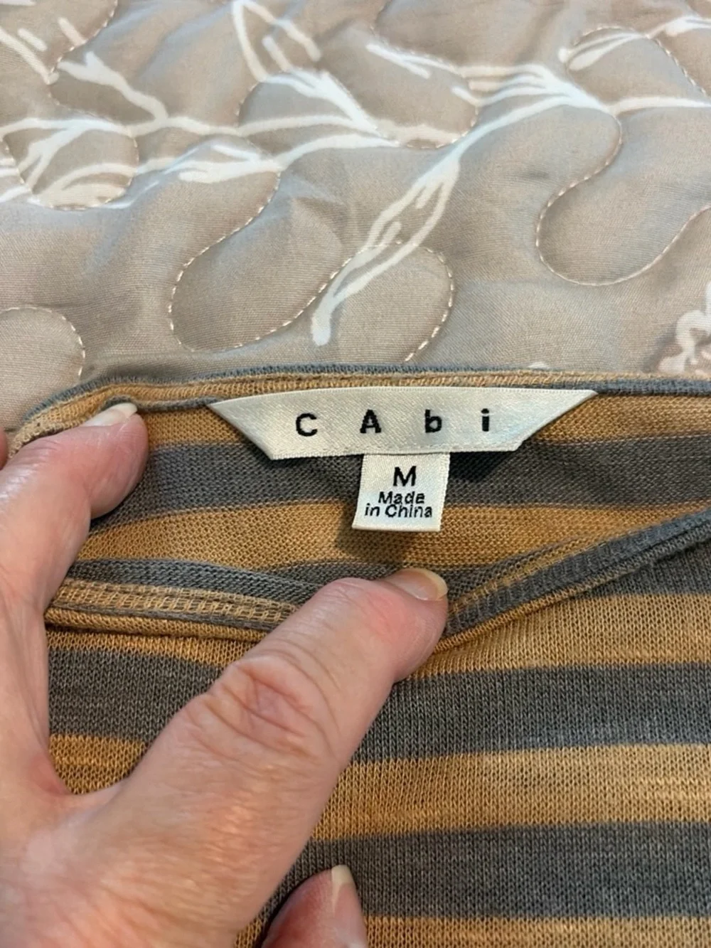 CAbi Striped Boatneck Top in Mustard and Slate